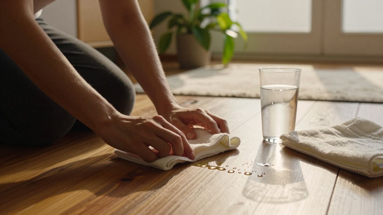 Pessoa a limpar derrame de água no chão de madeira com um pano, copo e planta ao fundo.