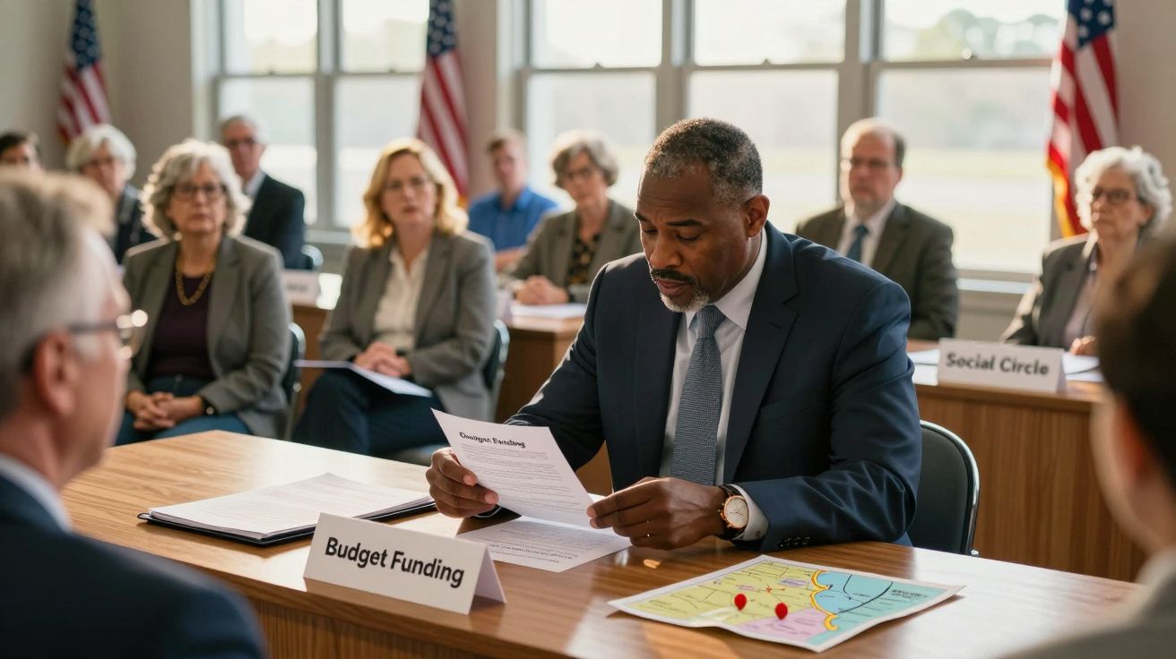Homem de terno analisa documento "Budget Funding" em reunião, com participantes ao fundo e bandeiras americanas.