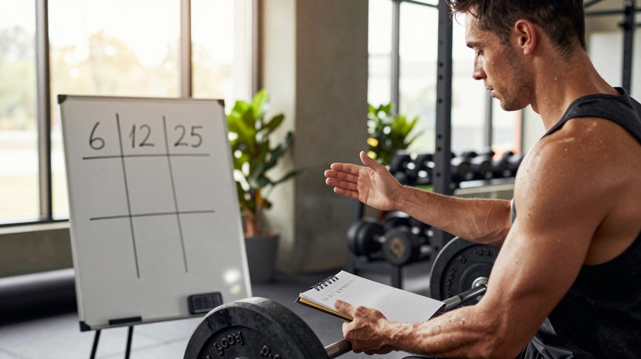 Homem com bloco de notas aponta para quadro com números em ginásio. Demostração de planeamento de treino.