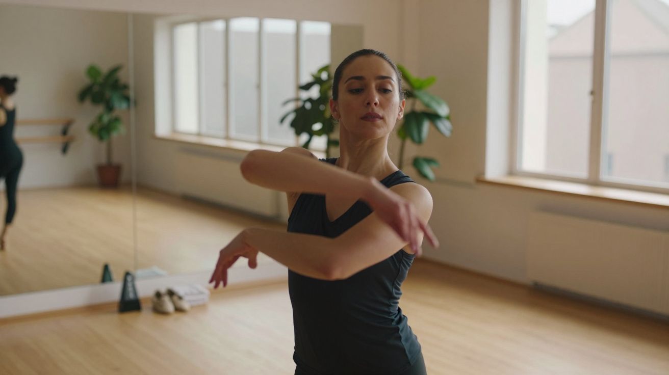 Bailarina em estúdio de dança, executando movimento gracioso, rodeada por plantas e espelho ao fundo.