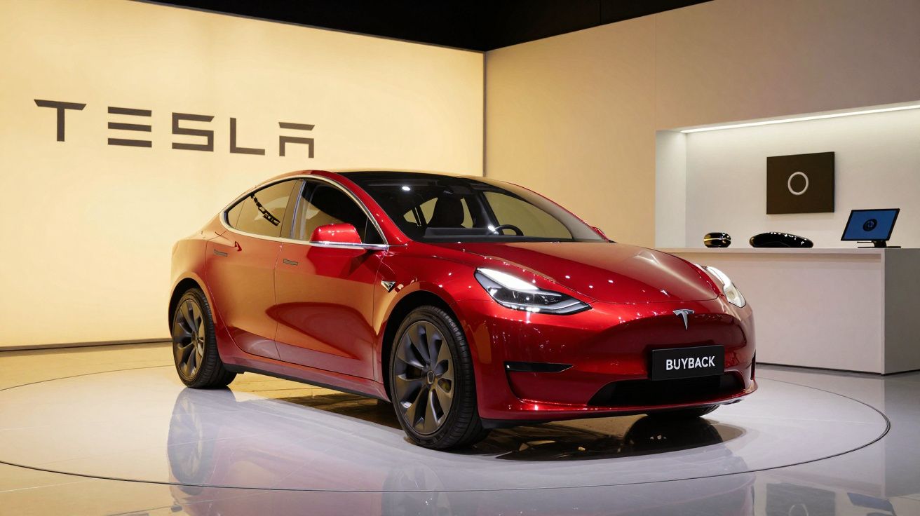 Carro Tesla vermelho em exposição, ambiente iluminado com logótipo Tesla na parede ao fundo.
