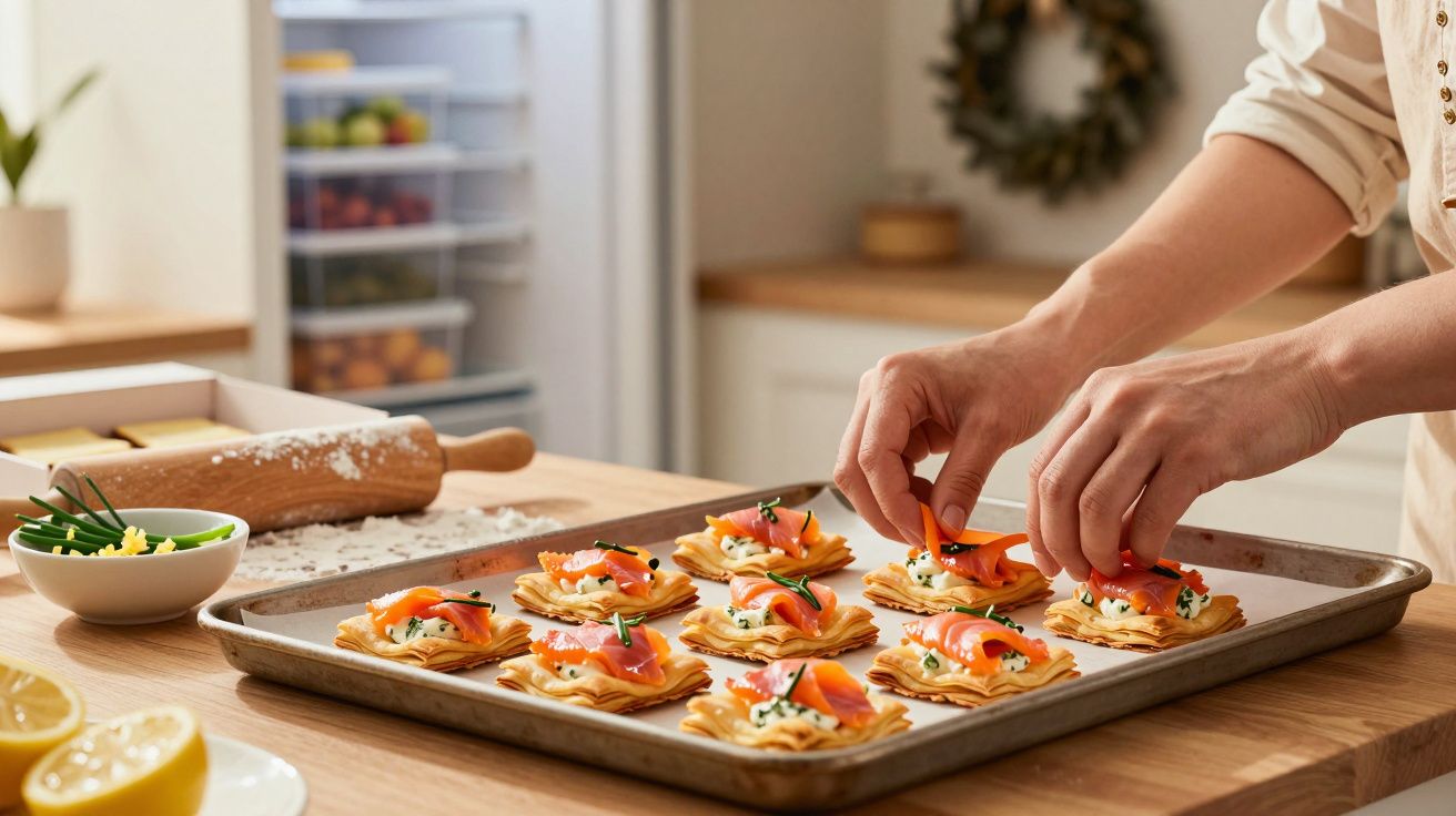 Pessoa a decorar aperitivos com salmão numa cozinha iluminada com tabuleiro e rolo da massa sobre a mesa.