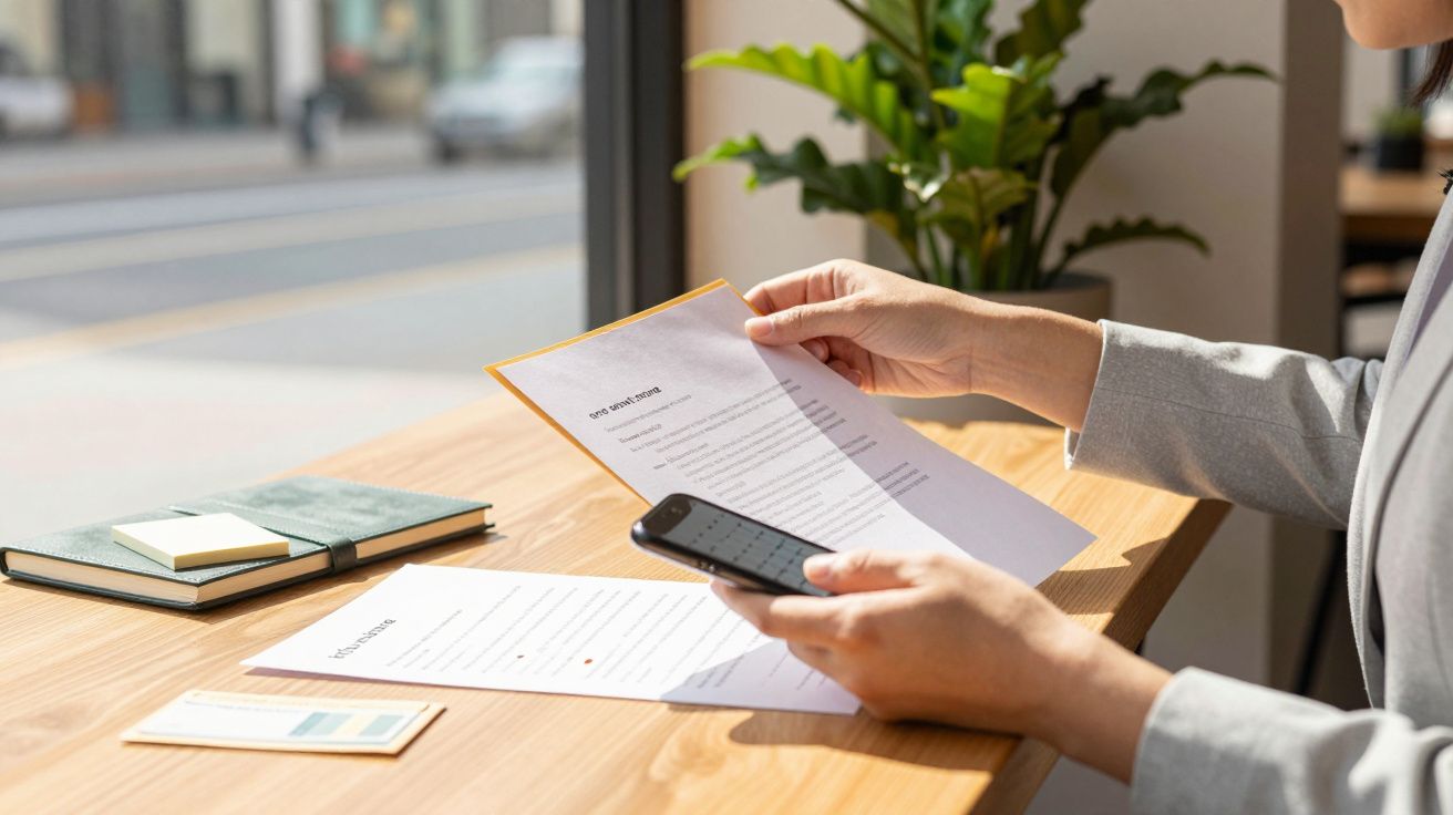 Pessoa revendo documentos e consultando o telemóvel em mesa de madeira, com caderno e plantas ao fundo.