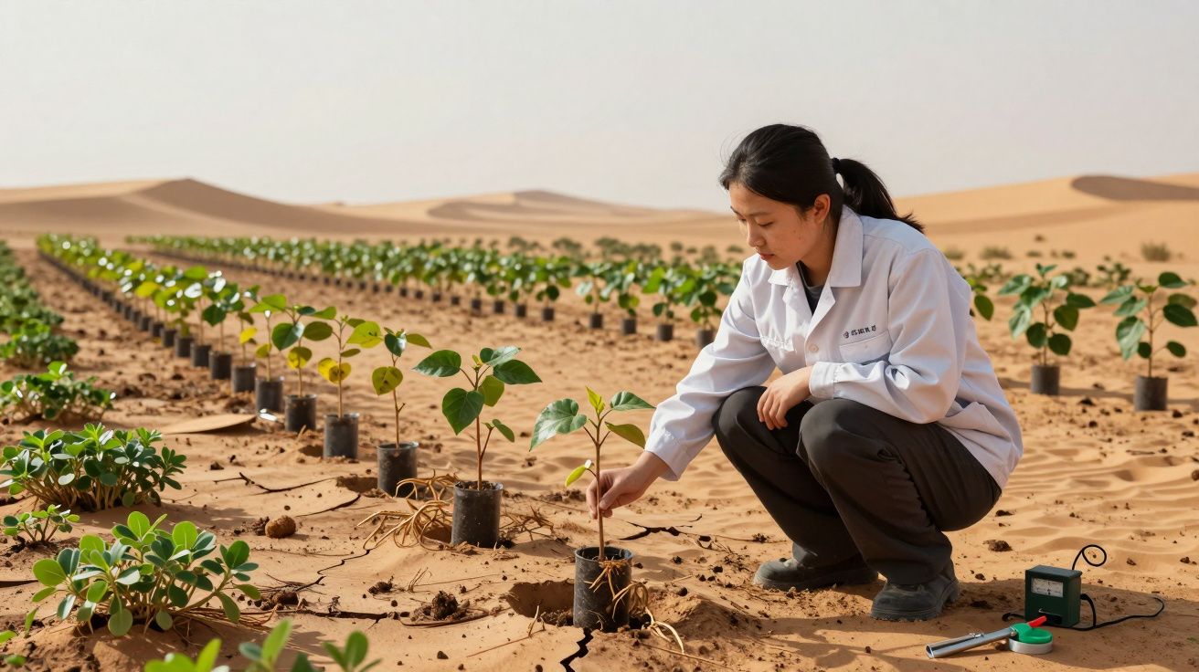 Investigadora analisa plantações de vegetais no deserto, com fileiras de mudas crescendo na areia árida.