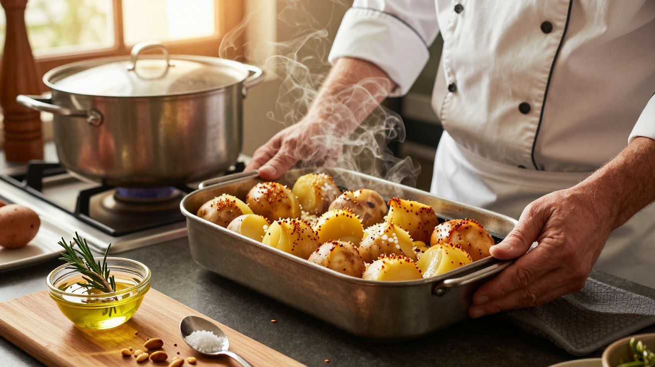 Chef segura tabuleiro de batatas assadas, ao lado de panela ao lume e ingredientes na bancada.