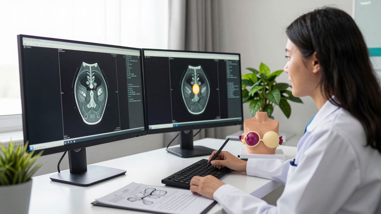 Mulher médica analisa imagens de ressonância magnética cerebral em dois monitores num consultório médico.