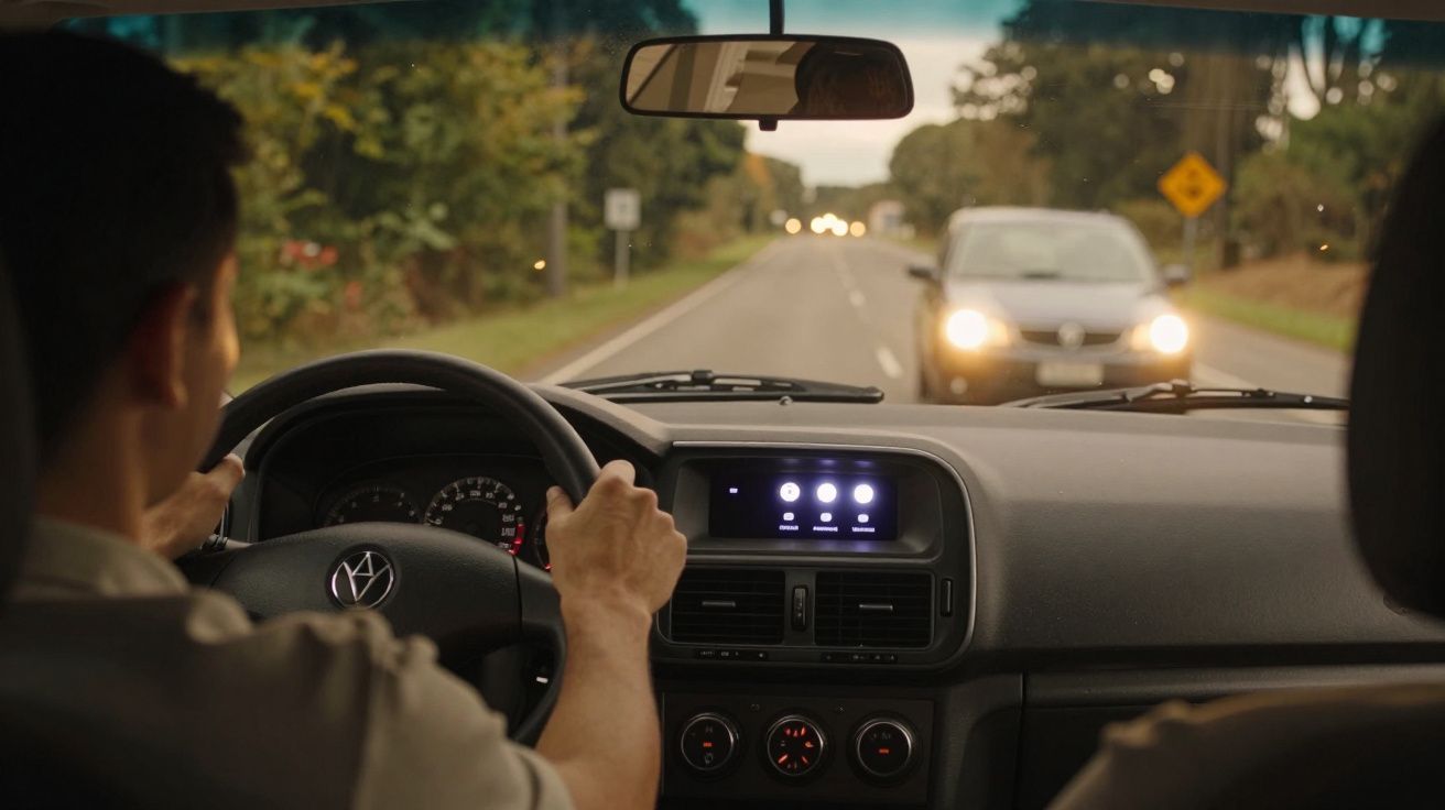 Condutor a guiar carro numa estrada com árvores, painel digital iluminado e outro veículo aproximando-se em sentido contrário