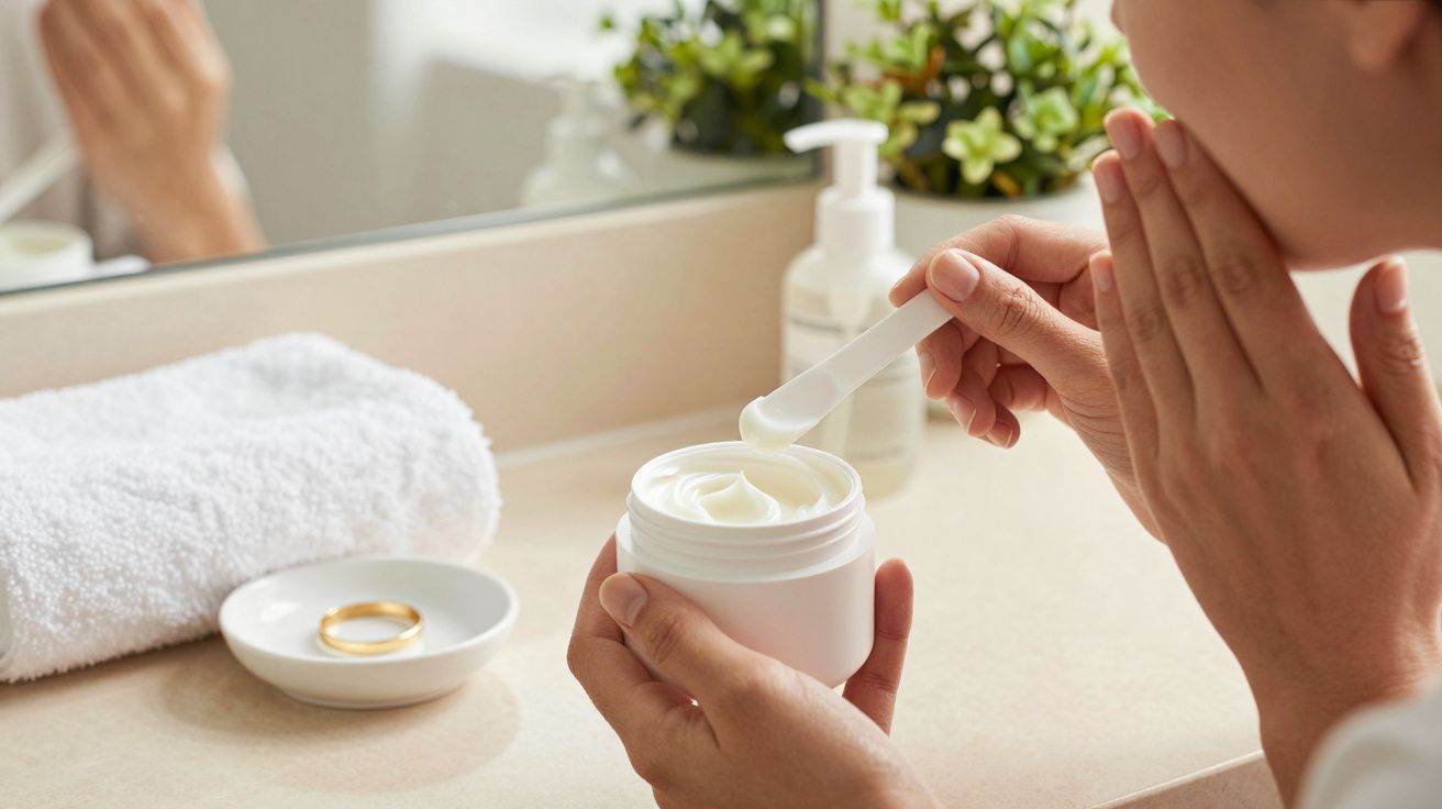 Pessoa segurando frasco de creme branco com espátula, toalha e anéis em cima do lavatório ao fundo.