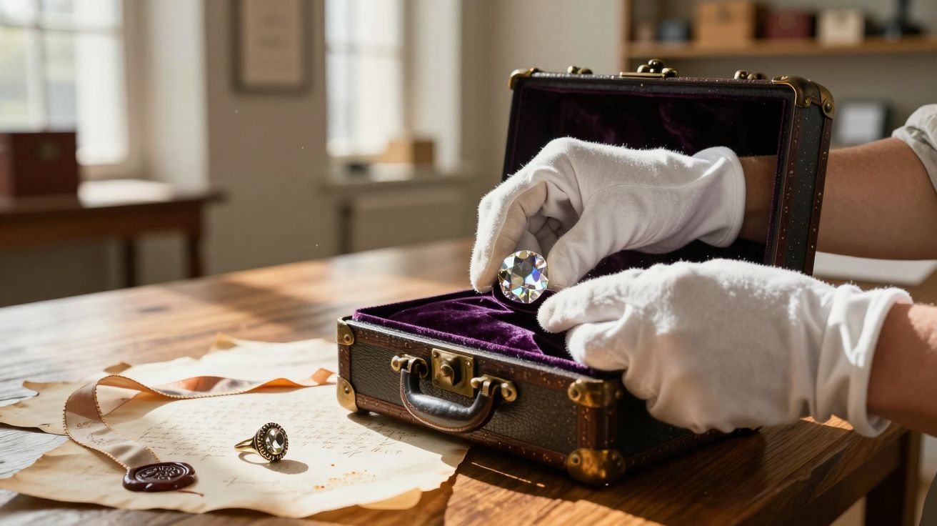 Mãos com luvas brancas colocam diamante em caixa de joias de veludo, com papéis e um anel ao lado, numa mesa de madeira.