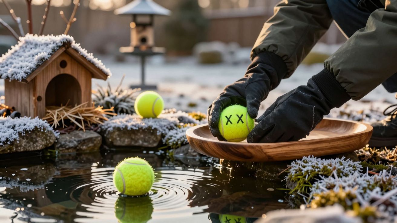 Pessoa com luvas coloca bola de ténis numa tigela de madeira sobre a água num jardim coberto de neve.