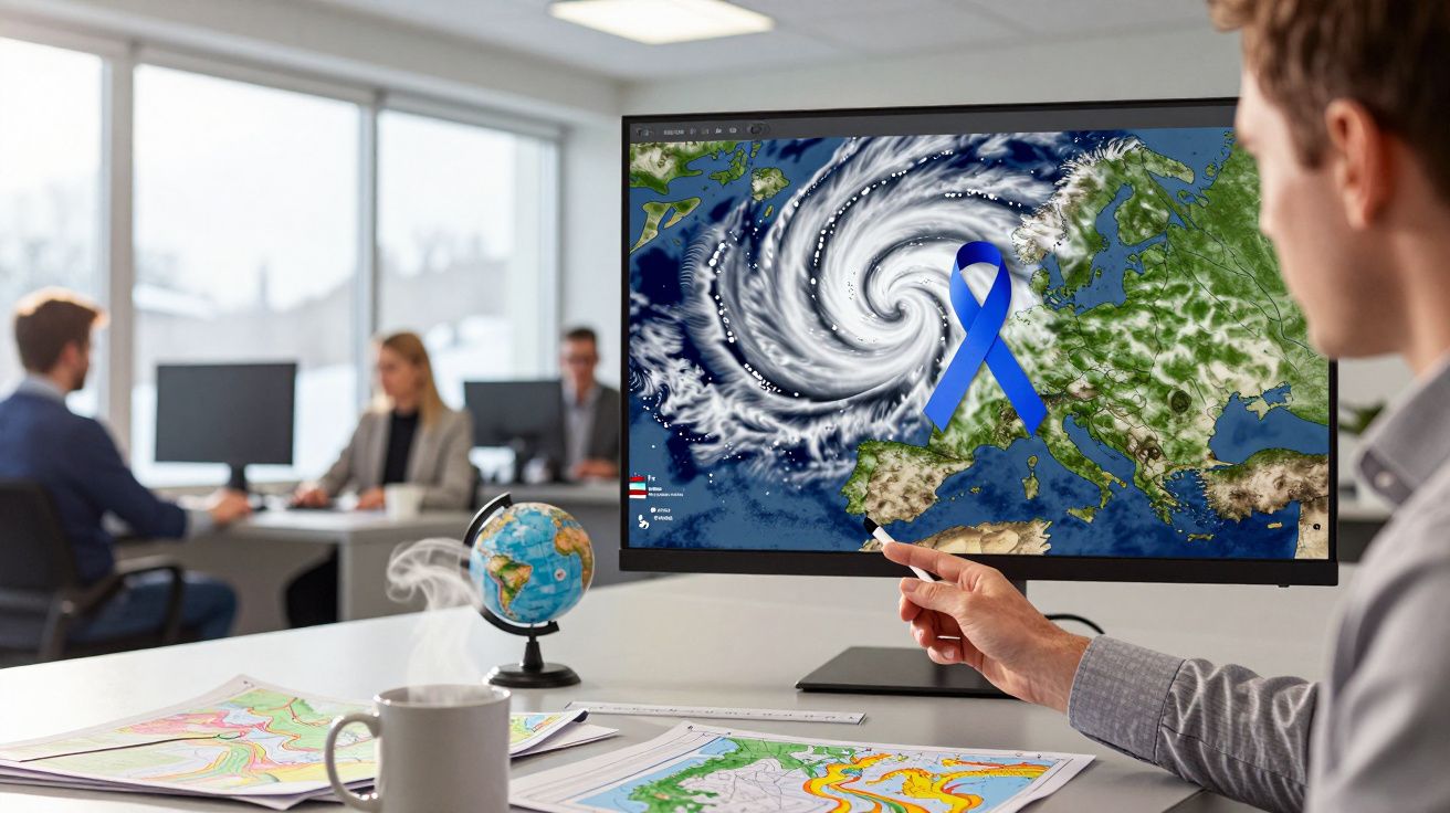 Pessoa analisa imagem de ciclone em monitor, com fita azul sobre a Europa. Mapas e globo no escritório.