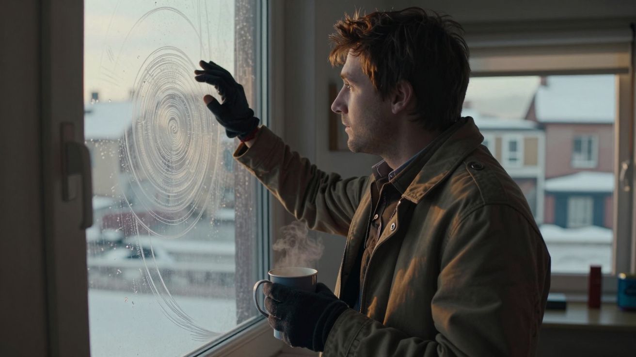 Homem com luvas risca um padrão circular no vidro de uma janela, segurando uma caneca quente enquanto olha para fora.