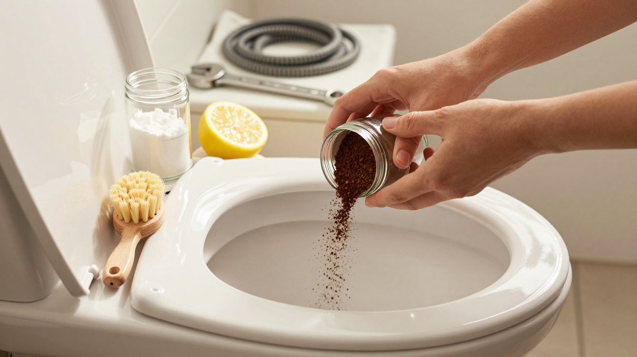 Mãos despejam borra de café na sanita; limão, escova e bicarbonato de sódio ao lado.