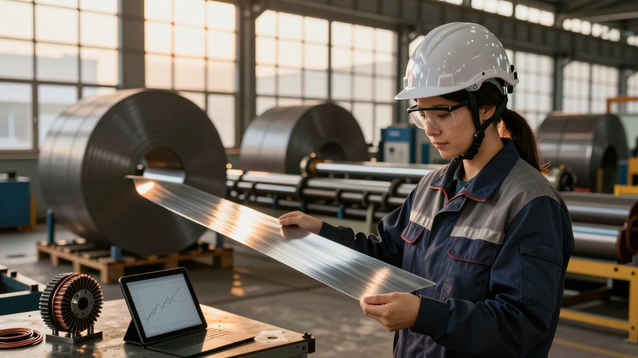 Trabalhadora de fábrica com capacete e óculos examina folha de metal ao lado de um portátil com gráfico, rolos ao fundo.