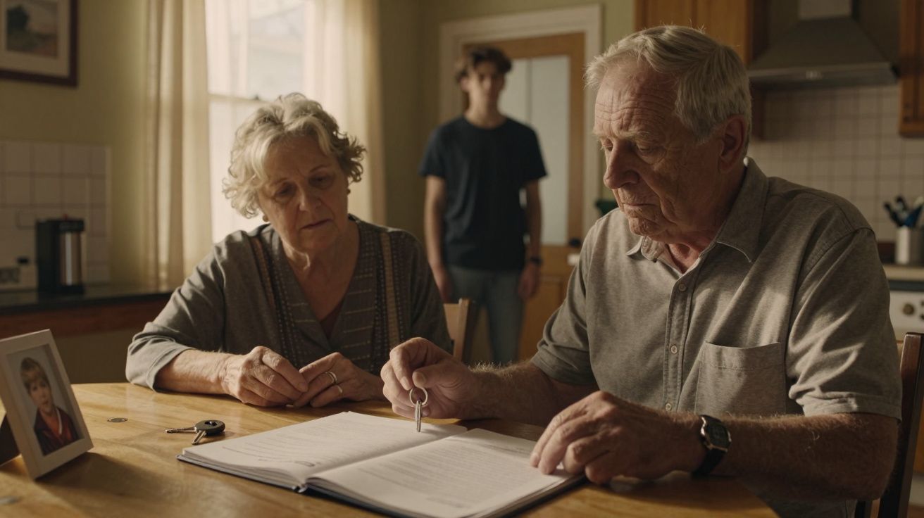 Casal idoso sentado à mesa, lendo documento. Foto de criança e chave ao lado. Jovem desfocado ao fundo.