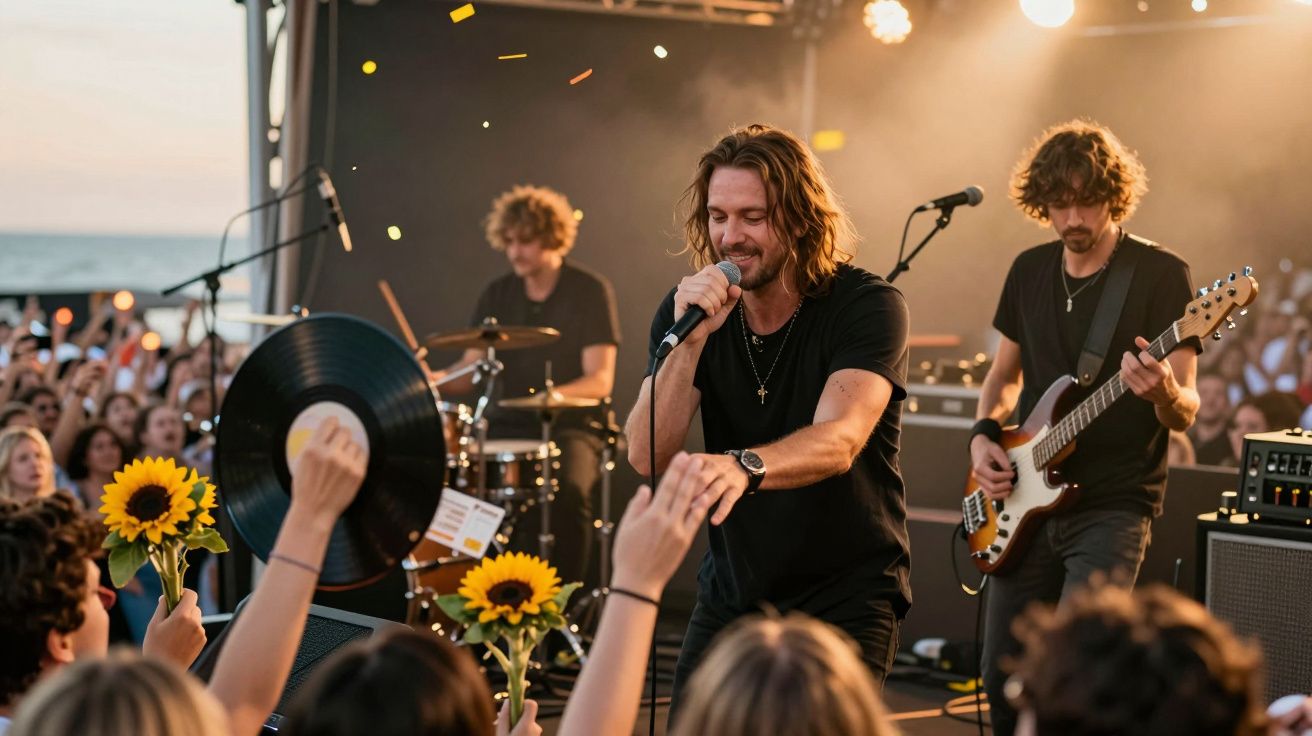 Banda a atuar ao vivo num palco ao ar livre, com público segurando girassóis e discos de vinil.