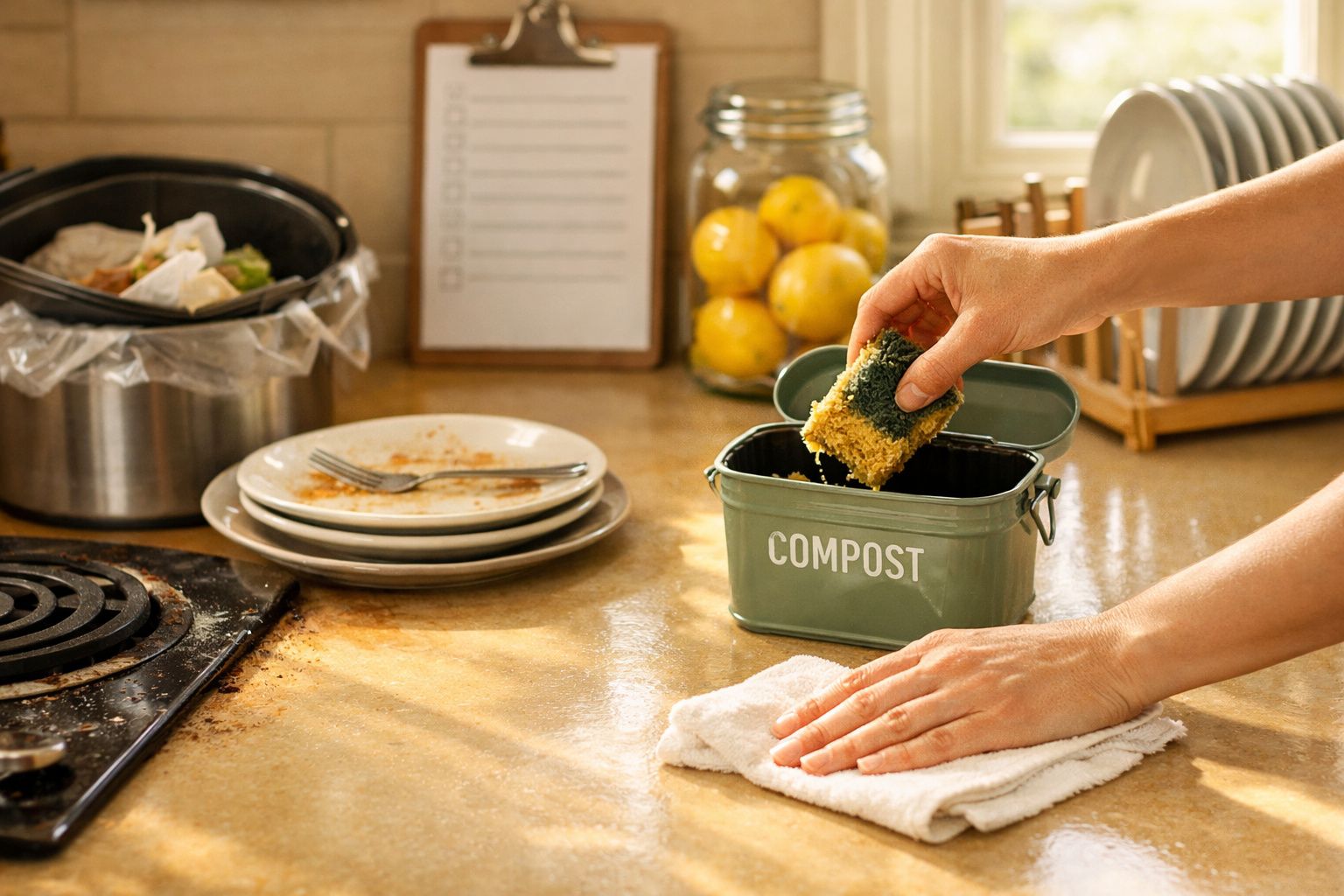 Mão colocando uma esponja verde num balde de compostagem numa cozinha, com pratos sujos e fruta em segundo plano.