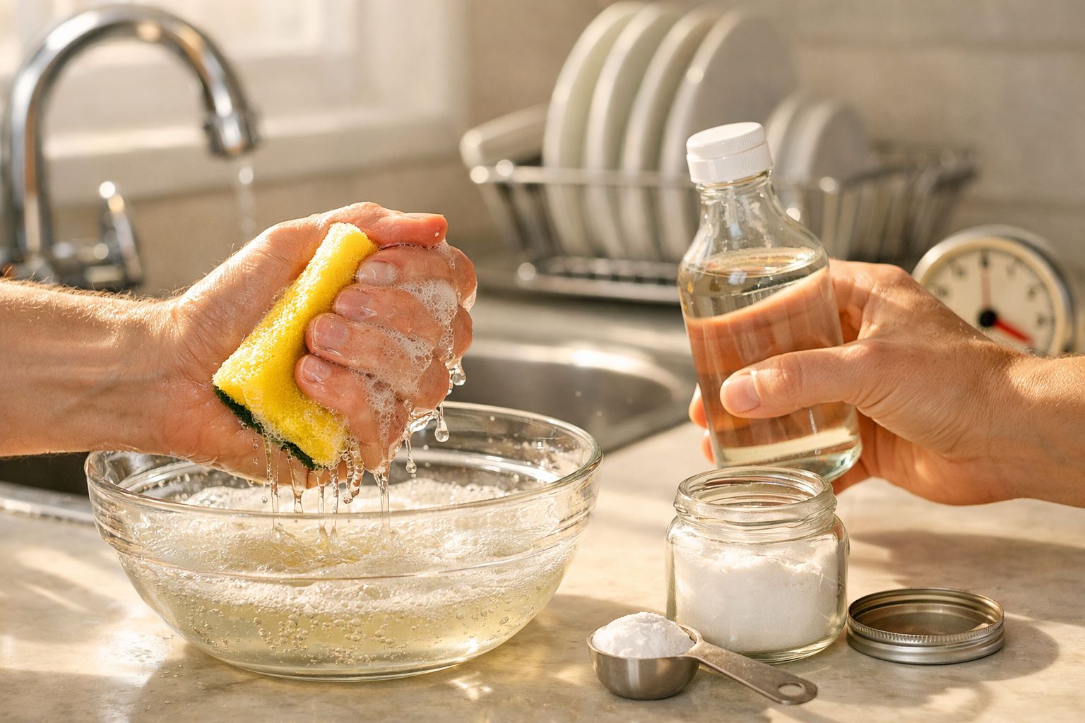 Mão espreme esponja amarela sobre tigela com água; outra mão segura garrafa de vinagre, bicarbonato ao lado.