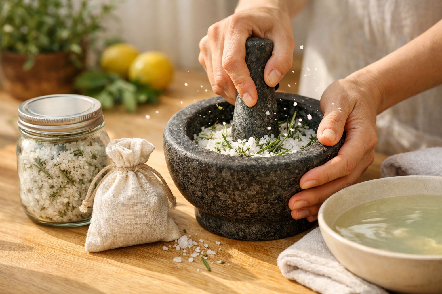 Mãos preparam sais de banho com ervas aromáticas ao lado de uma tigela e um frasco de vidro, com limões ao fundo.