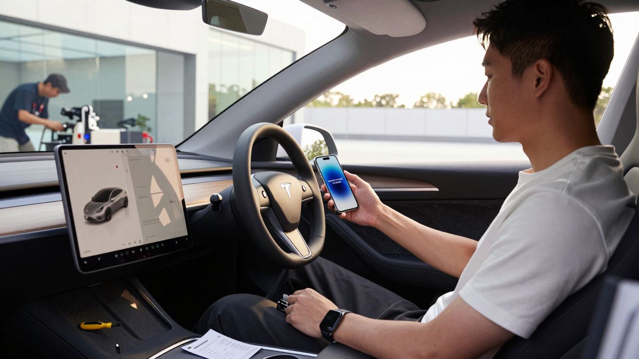 Homem dentro de um Tesla, segurando um smartphone, com ecrã tátil do carro exibido. Outro homem visível ao fundo.