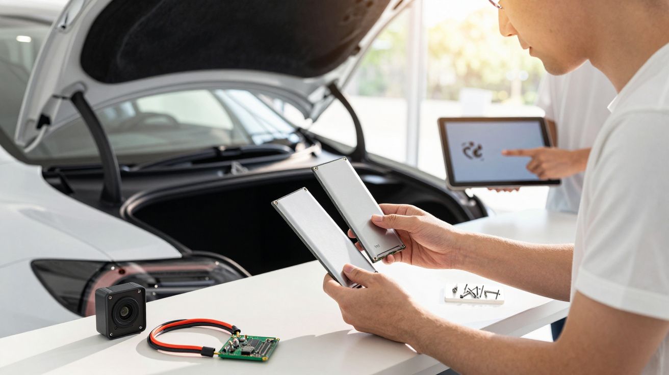 Homem analisa baterias de veículo elétrico com tablet ao fundo perto de um carro, peças e componentes na mesa.