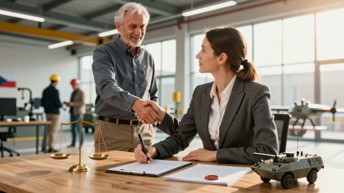 Homem idoso e mulher em fato cinzento apertam as mãos num escritório moderno, com maquete de veículo militar na mesa.