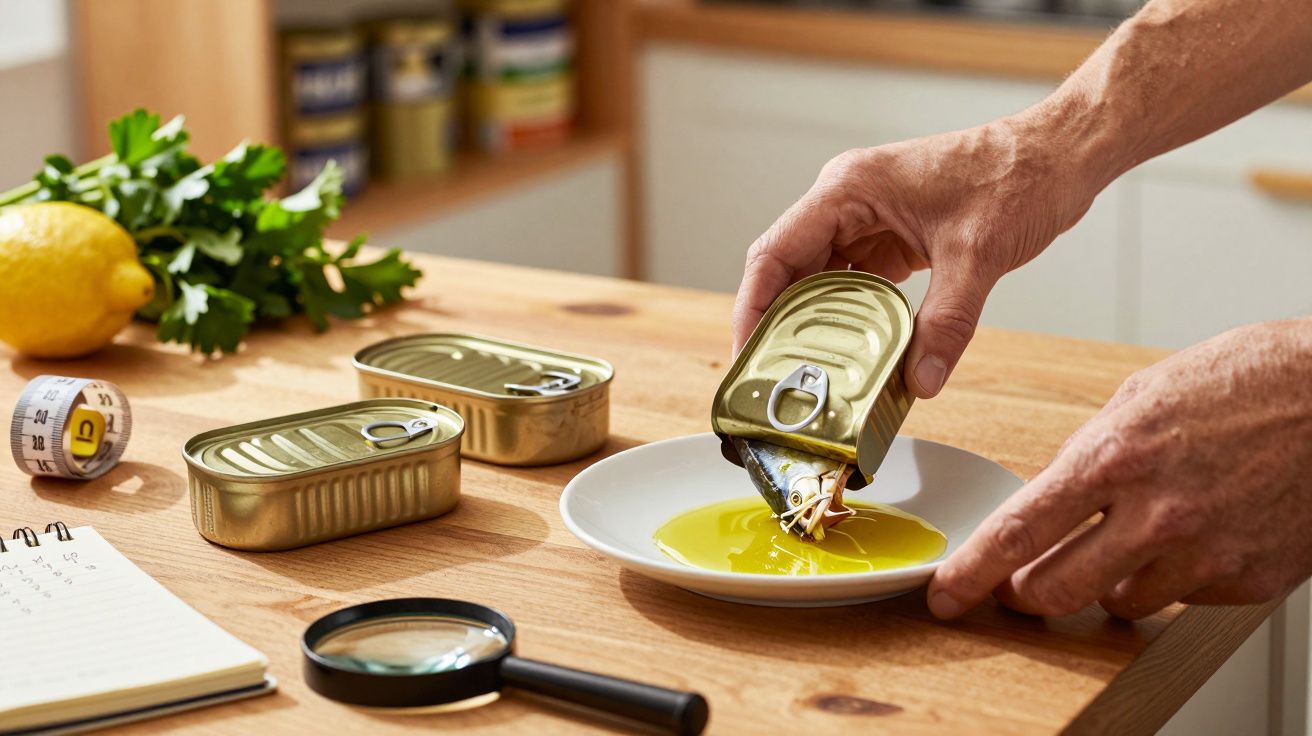 Mãos servindo sardinha enlatada com azeite em prato branco, com limão e salsa ao fundo na bancada de madeira.