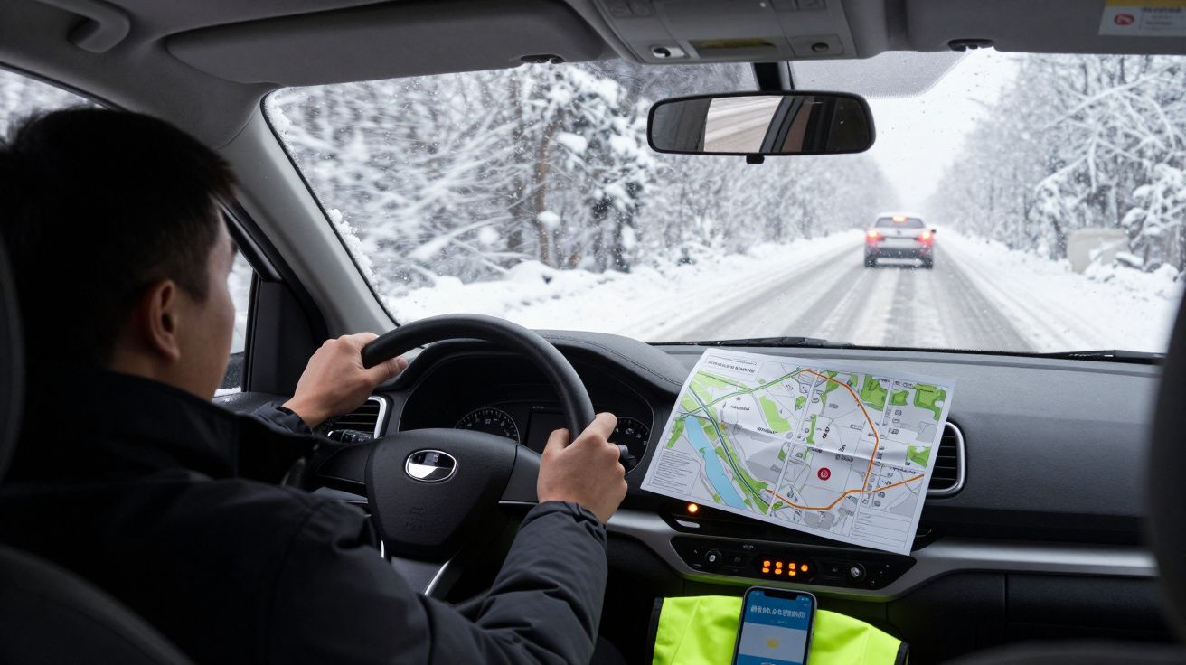 Motorista conduz carro em estrada nevada, com mapa no painel e carro à frente.