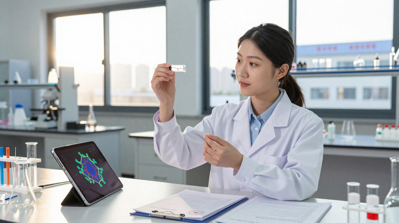 Cientista a usar bata branca analisa frasco com amostra em laboratório moderno com tablet e documentos na mesa.