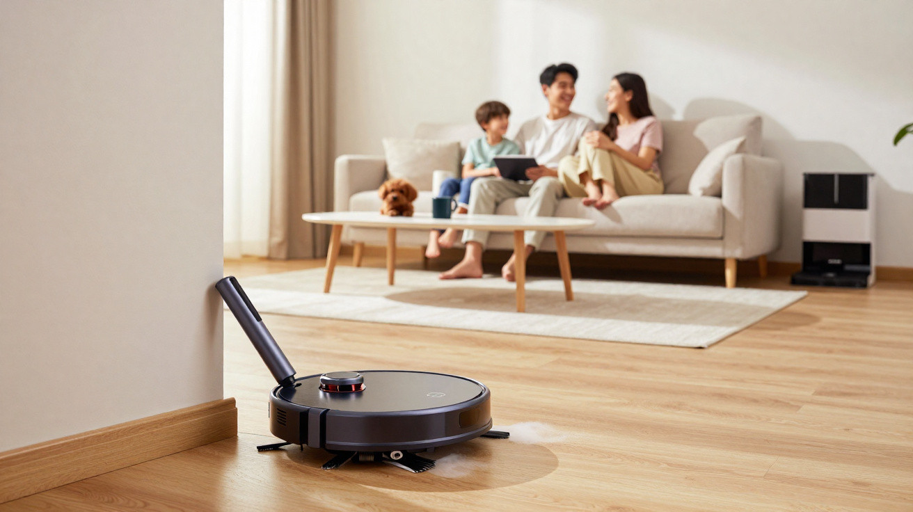 Aspirador robot a limpar chão de madeira numa sala com família sentada no sofá ao fundo.
