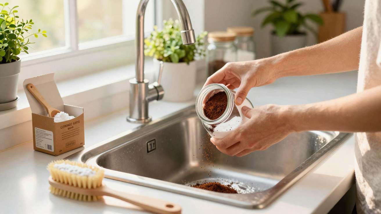 Pessoa a deitar borra de café num lava-loiça de cozinha com utensílios e plantas ao fundo.