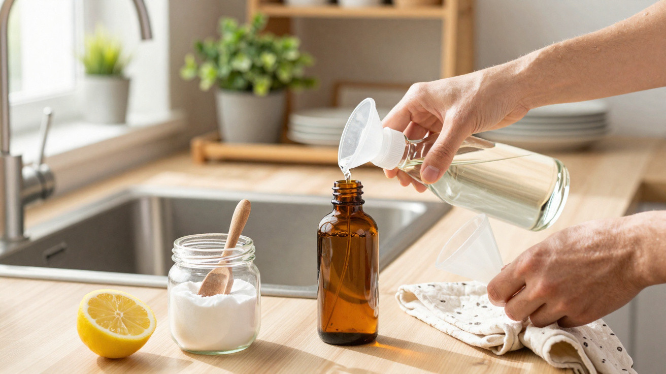 Pessoa a encher um frasco âmbar com líquido transparente numa cozinha com limão e bicarbonato de sódio na bancada.