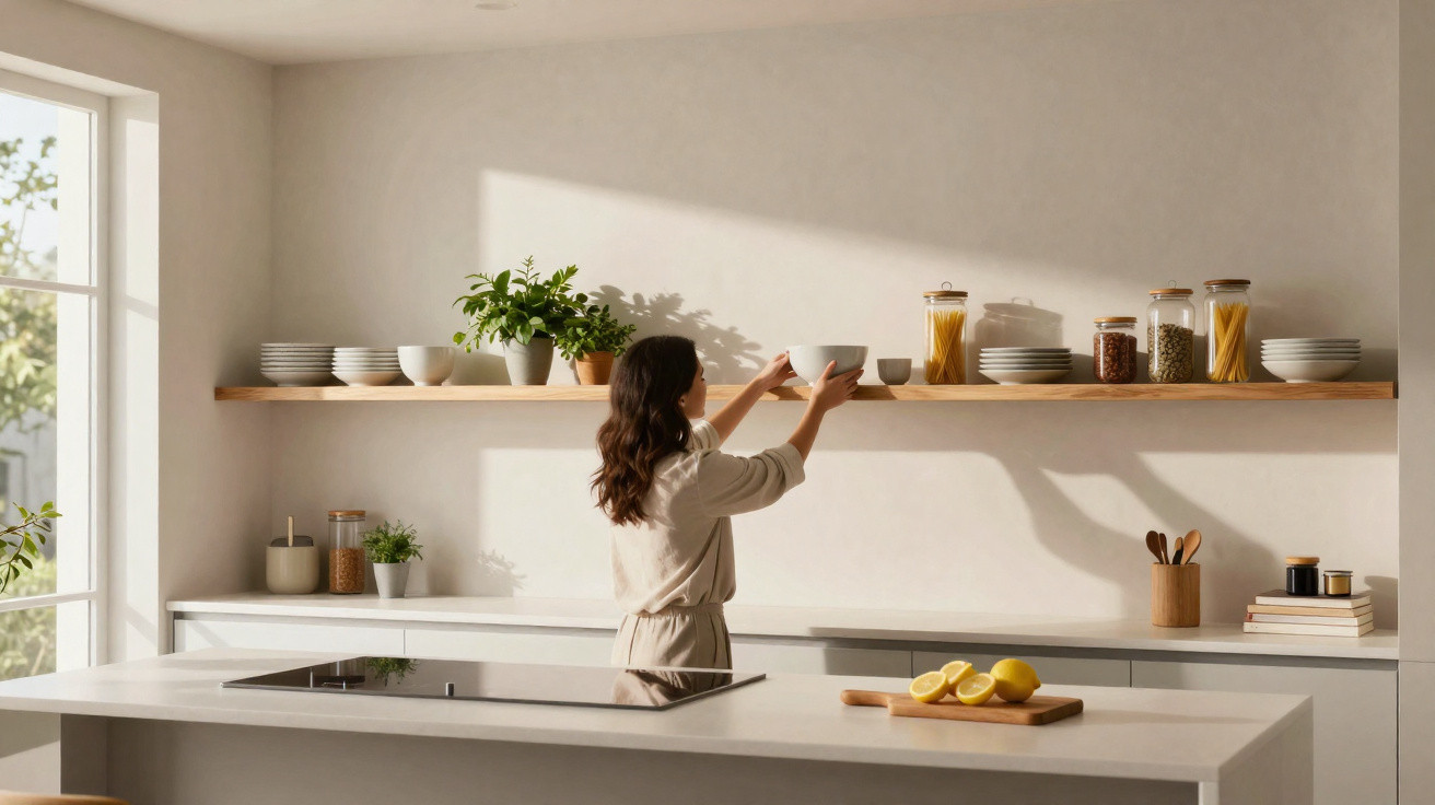 Mulher arruma pratos numa prateleira numa cozinha moderna com iluminação natural e bancada central branca.