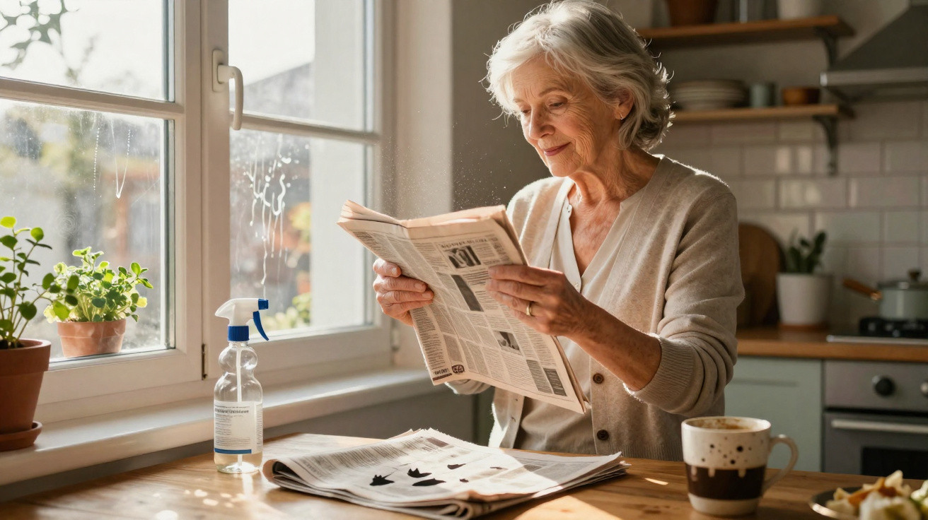 Mulher idosa lendo jornal junto a uma janela na cozinha iluminada pelo sol da manhã.