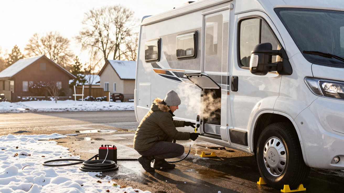 Pessoa vestida para frio conecta mangueira a autocaravana estacionada junto a casas e neve no chão.