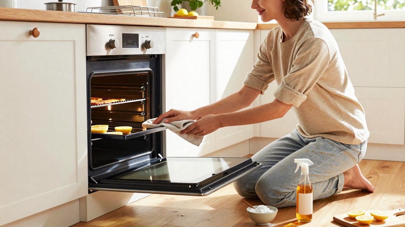 Mulher a retirar bolos do forno numa cozinha clara, com utensílios e fruta numa bancada.