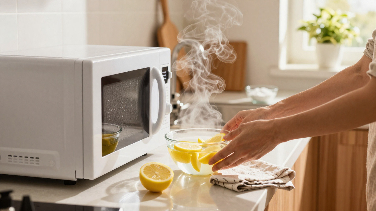 Pessoa a retirar tigela com fatias de limão e vapor do micro-ondas numa cozinha iluminada.